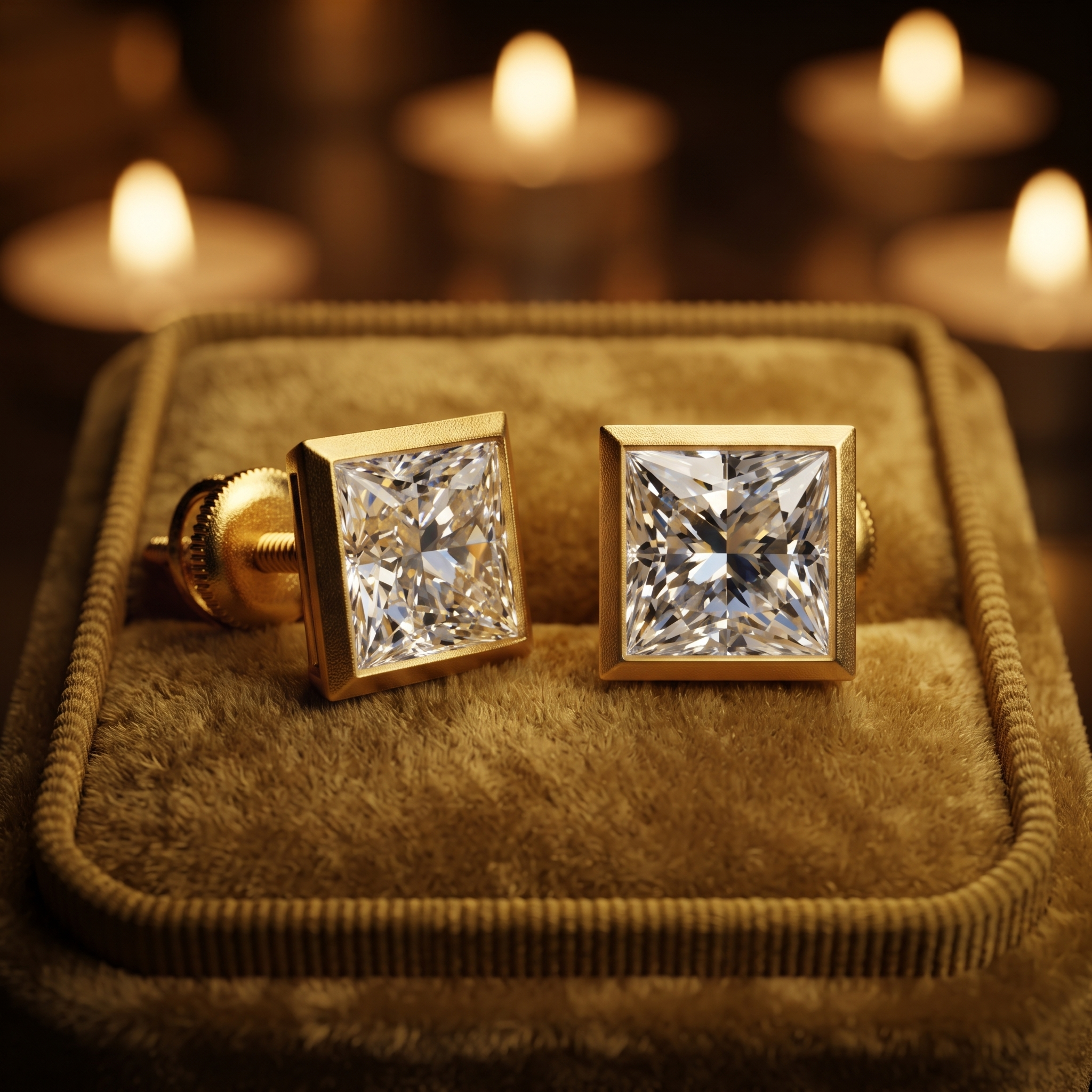 Princess Cut Diamond Bezel Stud Earrings, 9K-18K Gold or Silver