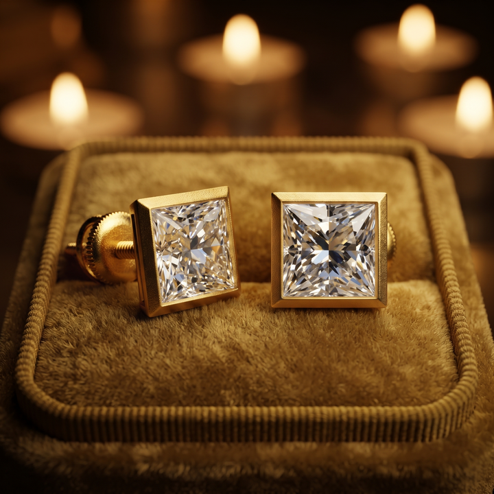 Princess Cut Diamond Bezel Stud Earrings, 9K-18K Gold or Silver