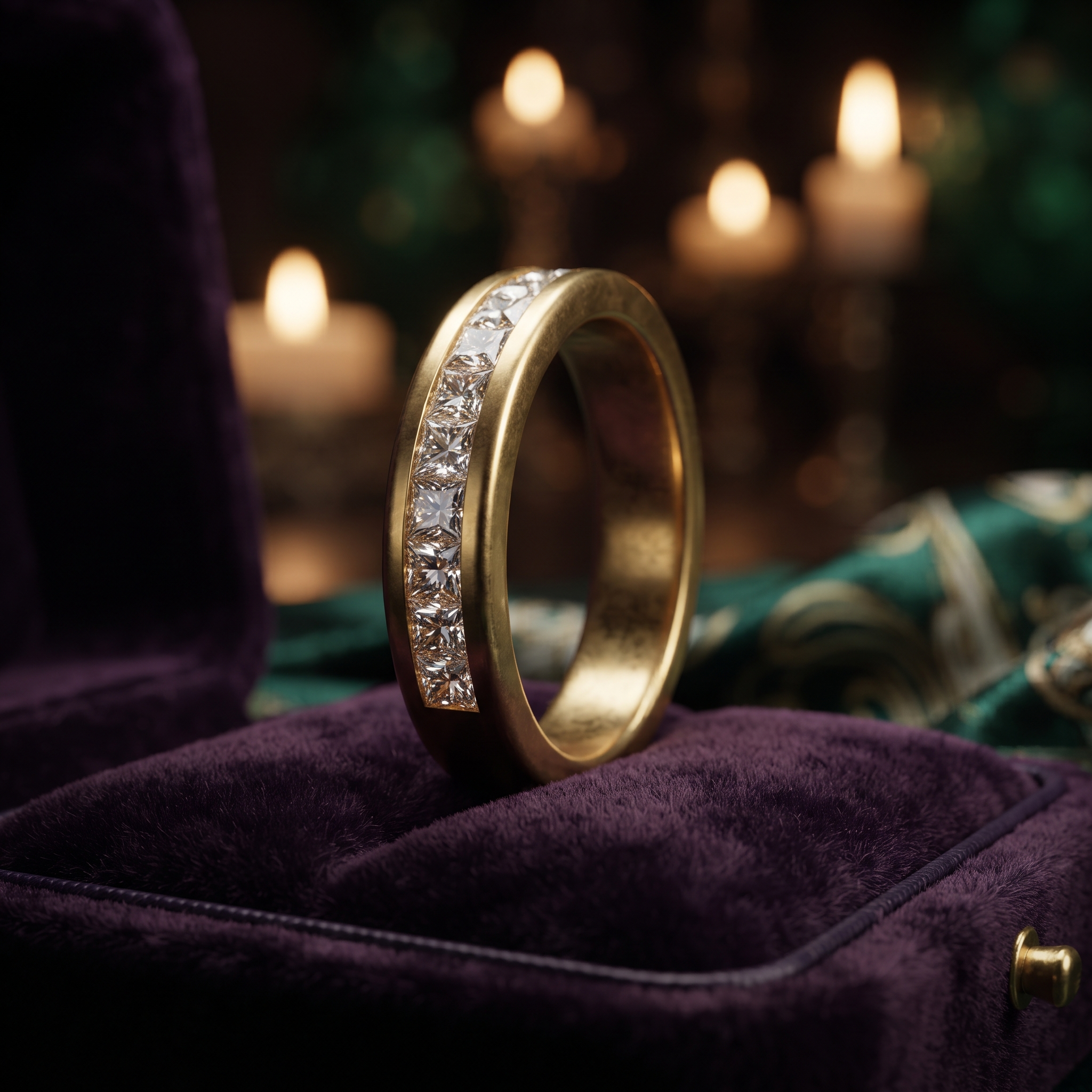 Princess Cut Diamond Channel Set Wedding Band, 9K To 18K Solid Gold Stacker Ring