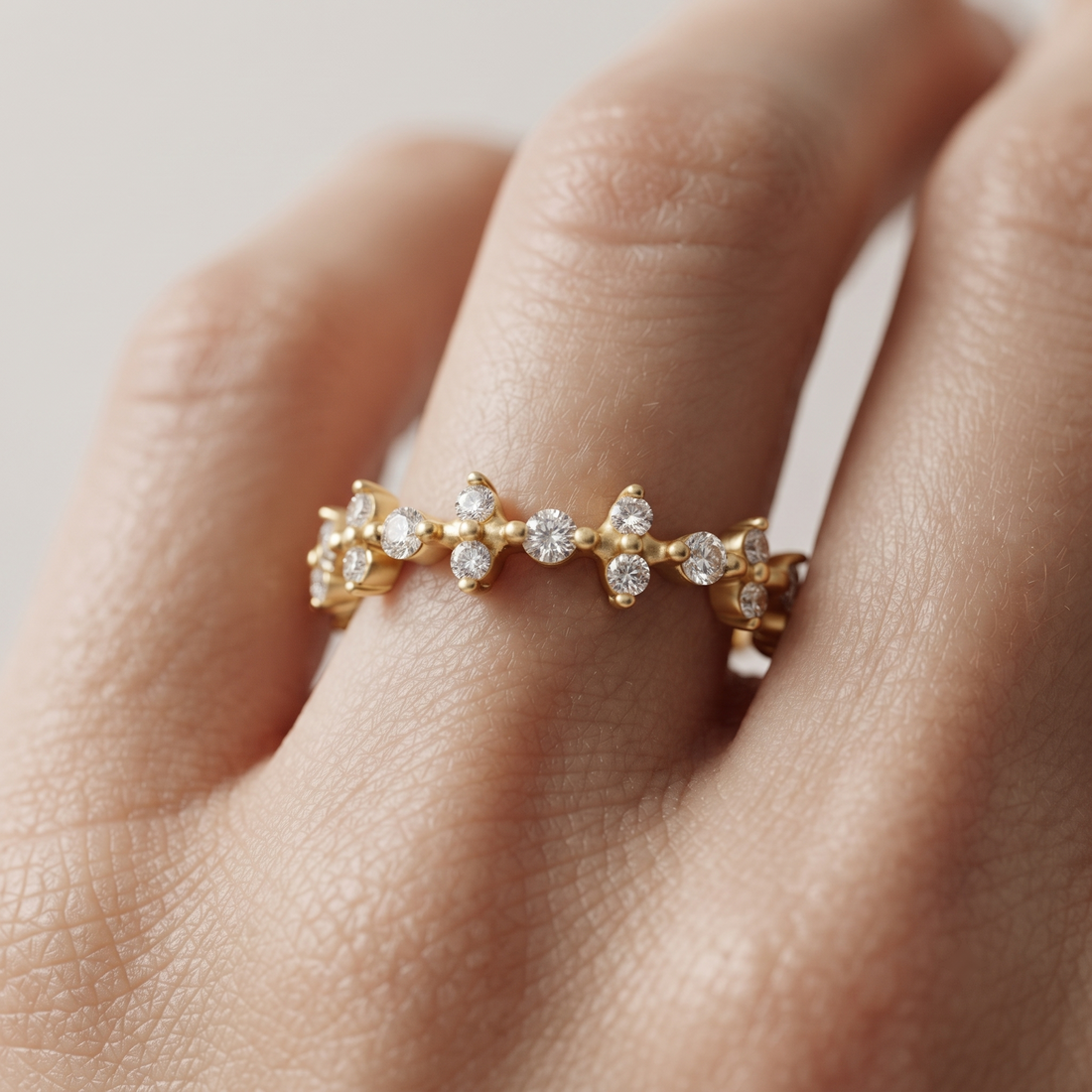 Solid Gold Cluster Diamond Band Ring, Minimalist Wedding Stack, Round Cut Lab Grown