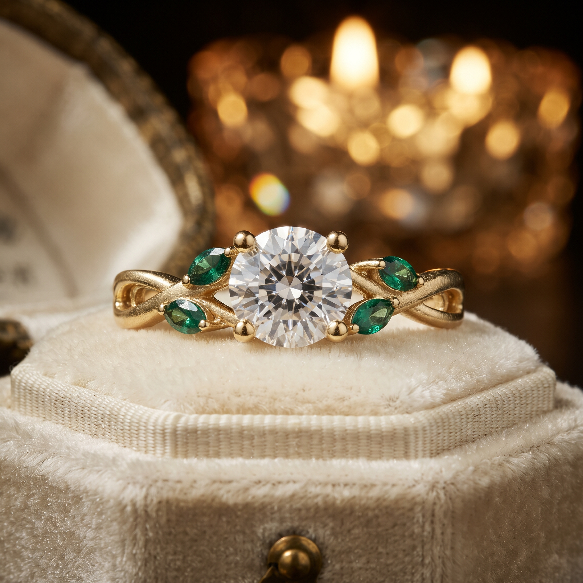 14K Yellow Gold Leaf Engagement Ring with Marquise Emeralds – Nature Floral Cluster Ring