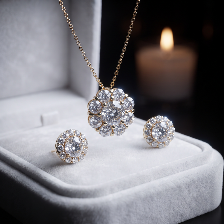 Floral Diamond Halo Pendant Earrings Set, Bridal Jewelry Gift, Cluster Necklace Set