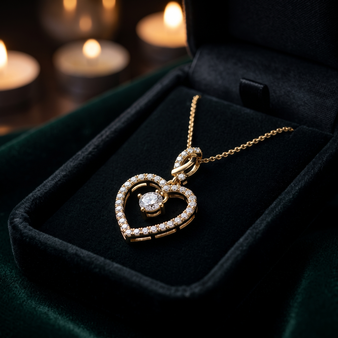 Dancing Diamond Heart Pendant Necklace, Rotating Solitaire, Twist Bail, Gold Jewelry