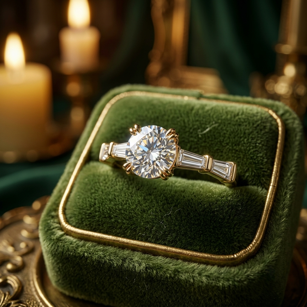 1.00 Carat Round Lab Grown Diamond Engagement Ring, Baguette Accents, Yellow Gold (Customizable)