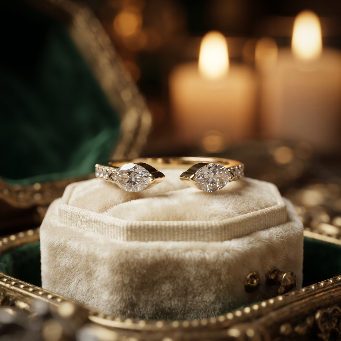Marquise Cut Toi Et Moi Ring, Open Gap Diamond, Minimalist Gold Band
