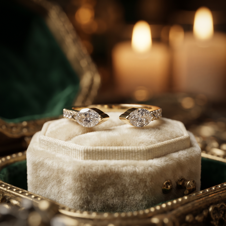 Marquise Cut Toi Et Moi Ring, Open Gap Diamond, Minimalist Gold Band