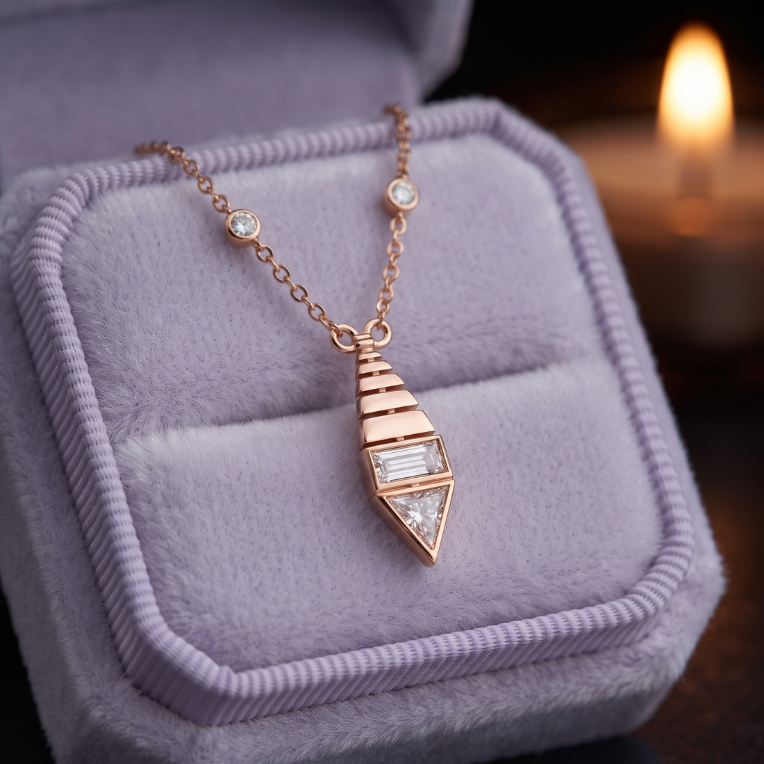 Art Deco Diamond Pendant Necklace, Baguette & Trillion Cut, Minimalist Gold Statement Jewelry