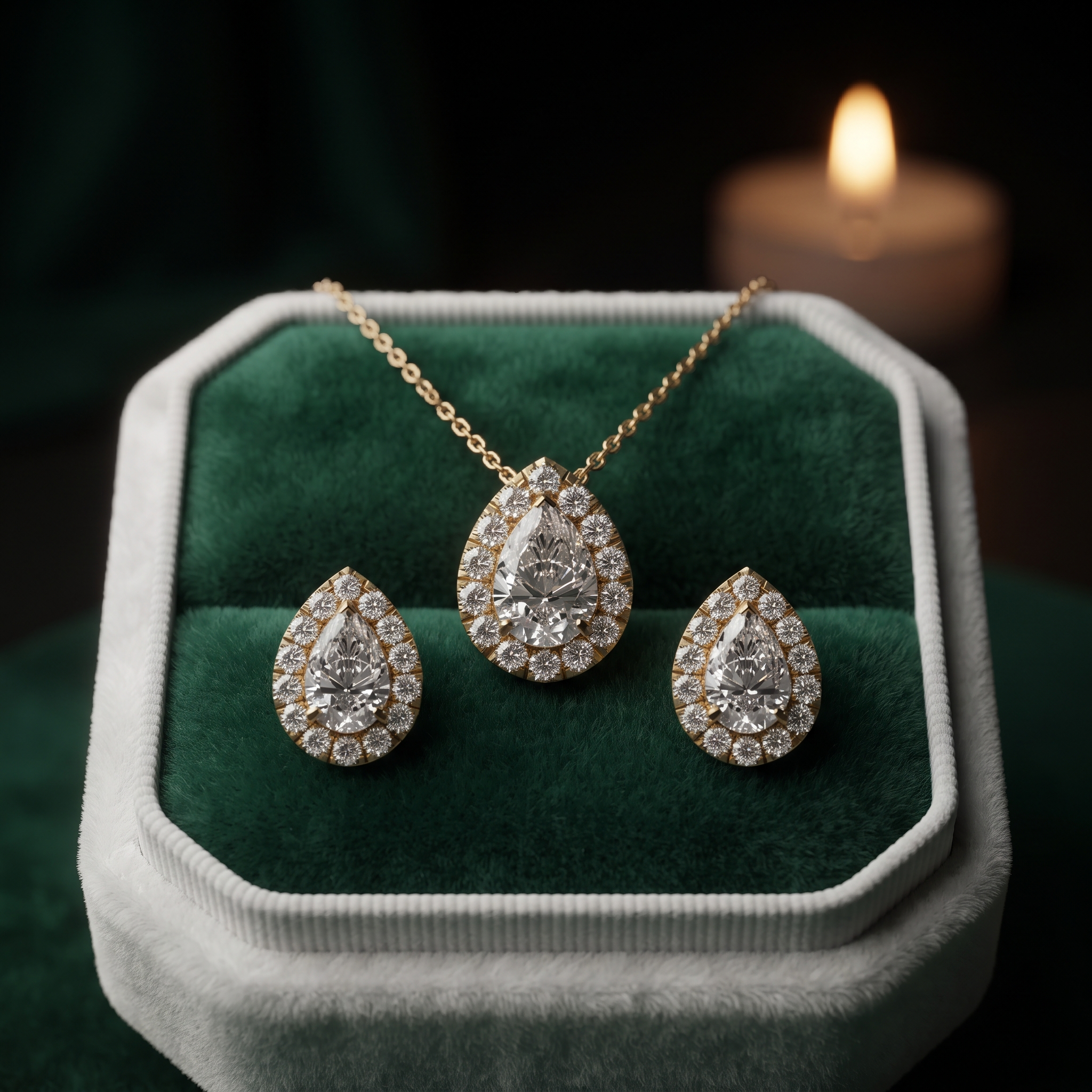 Pear Halo Diamond Necklace Earrings Set, Teardrop Pendant Jewelry, Bridal Gift