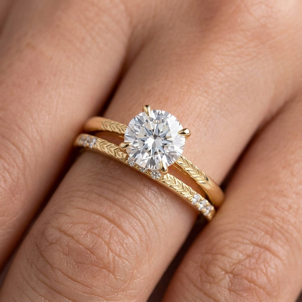 Hand Engraved Wheat Solitaire Engagement Ring, Round Cut Diamond, Nature Inspired Band