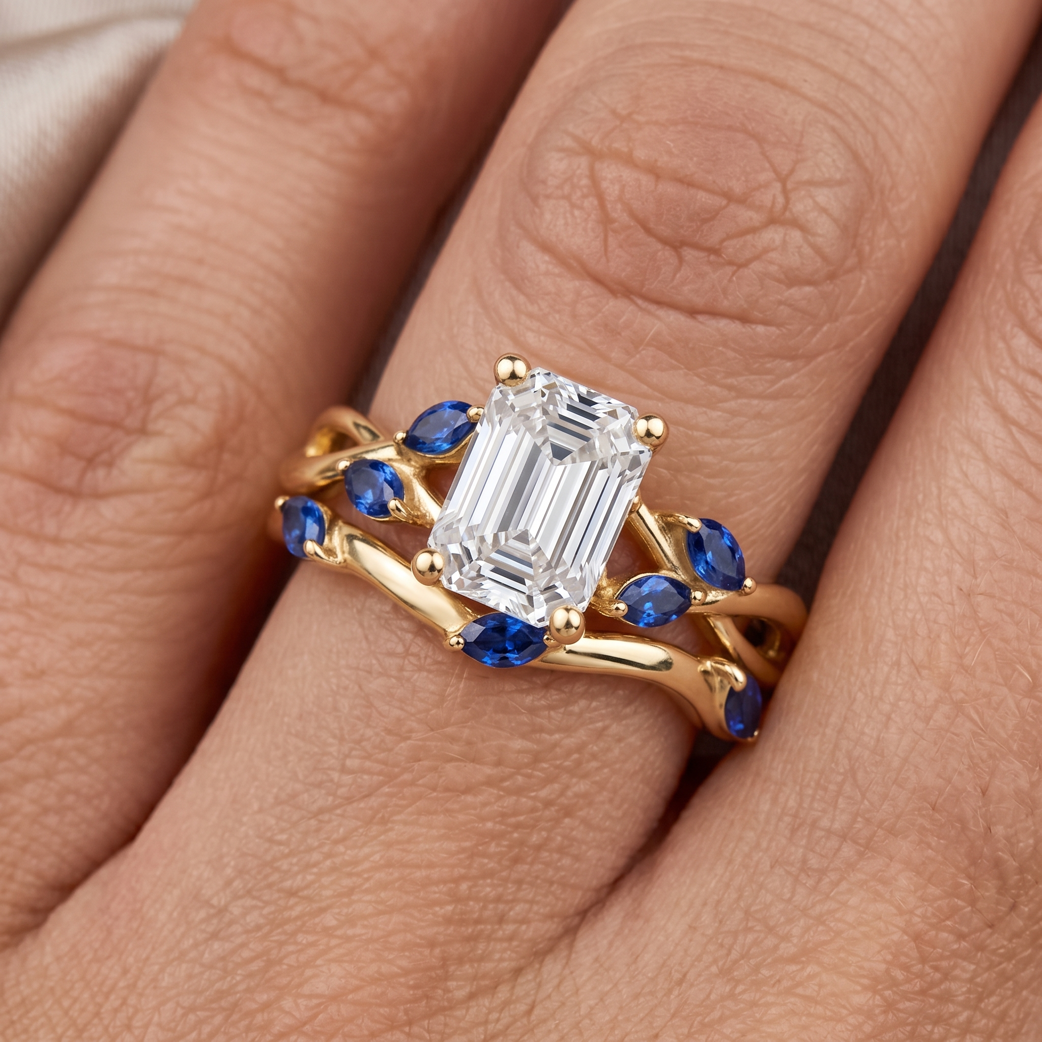 Emerald Cut Diamond Engagement Ring Set, Blue Sapphire Branch Design, Solid Gold Wedding Band