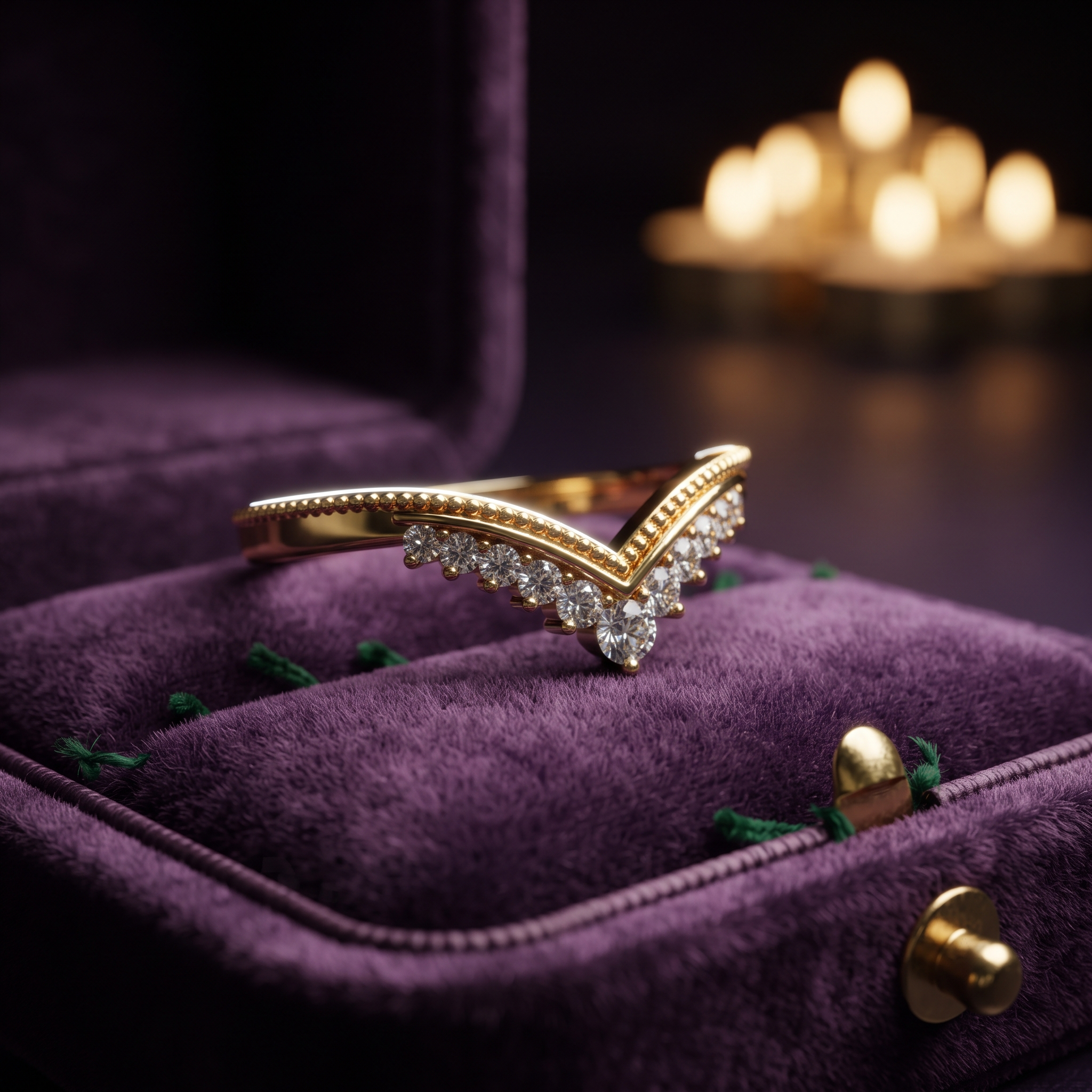 Curved Diamond Chevron Wedding Band, Solid Gold Milgrain V-Shape Stacking Ring