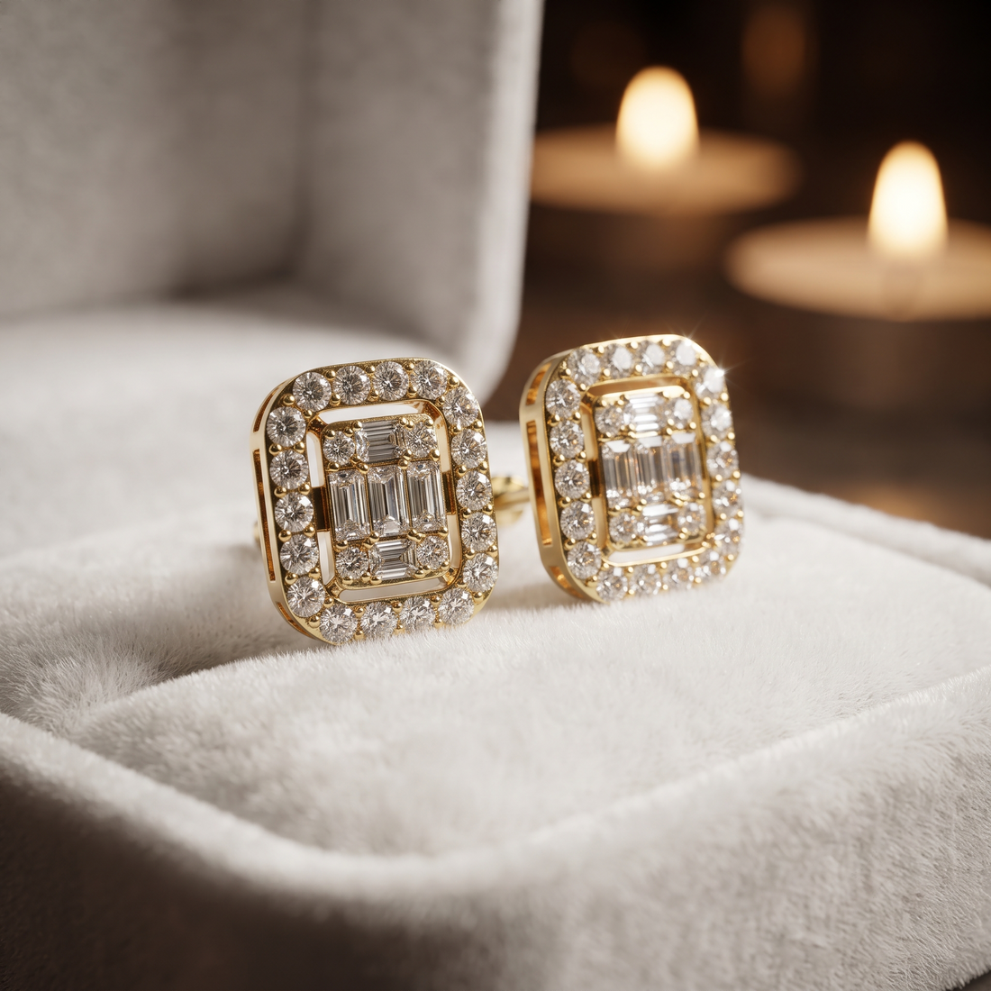 Baguette and Round Diamond Halo Stud Earrings