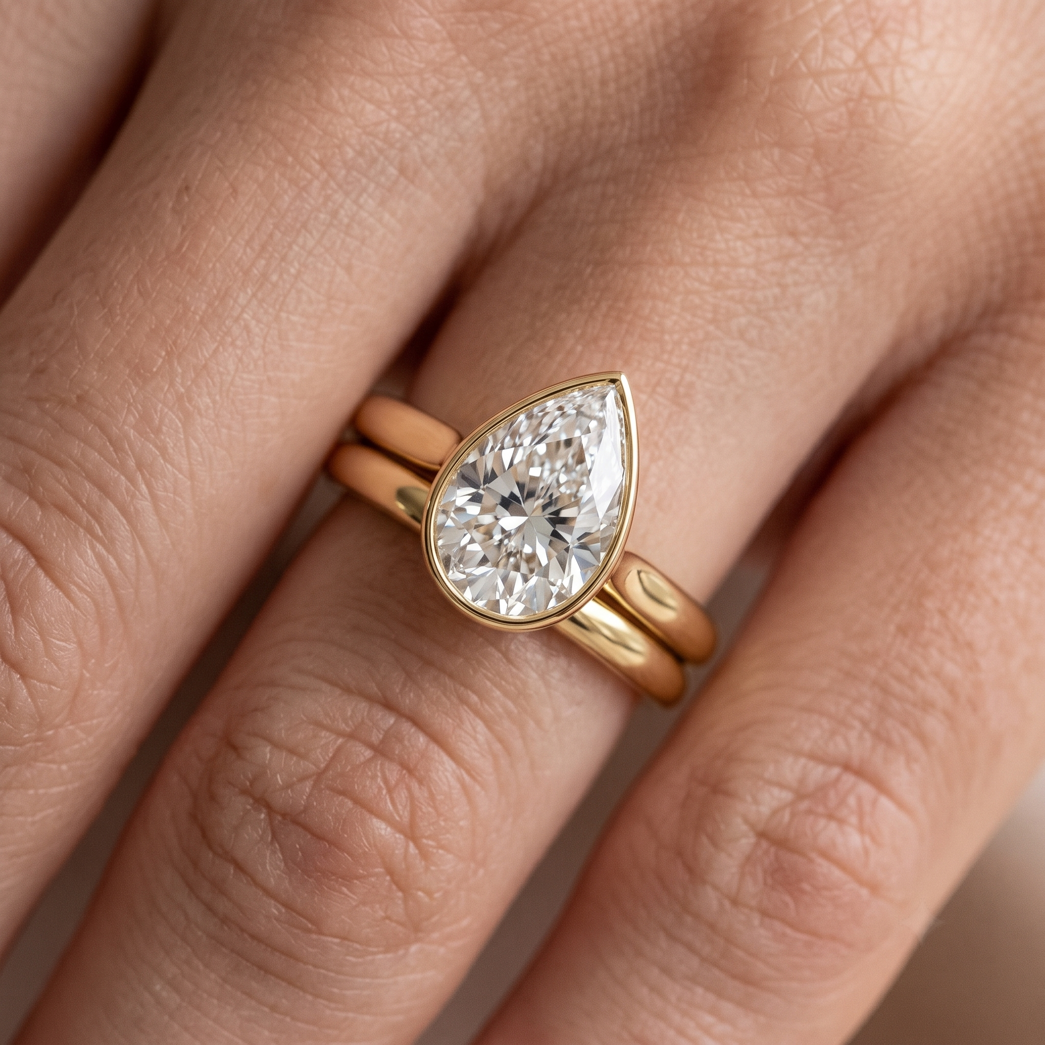 Pear Cut Diamond Bezel Ring, Yellow Gold Bridal Set, Teardrop Stacking Rings