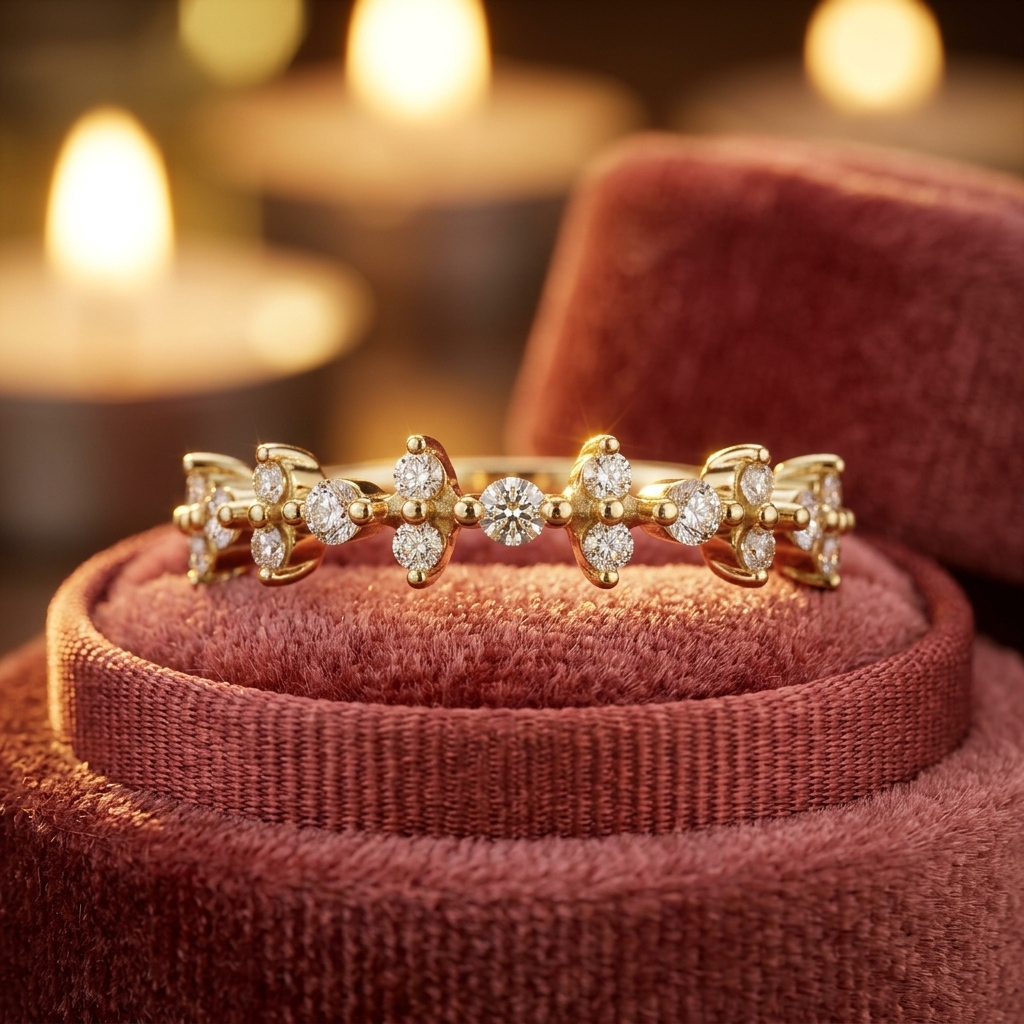 Solid Gold Cluster Diamond Band Ring, Minimalist Wedding Stack, Round Cut Lab Grown