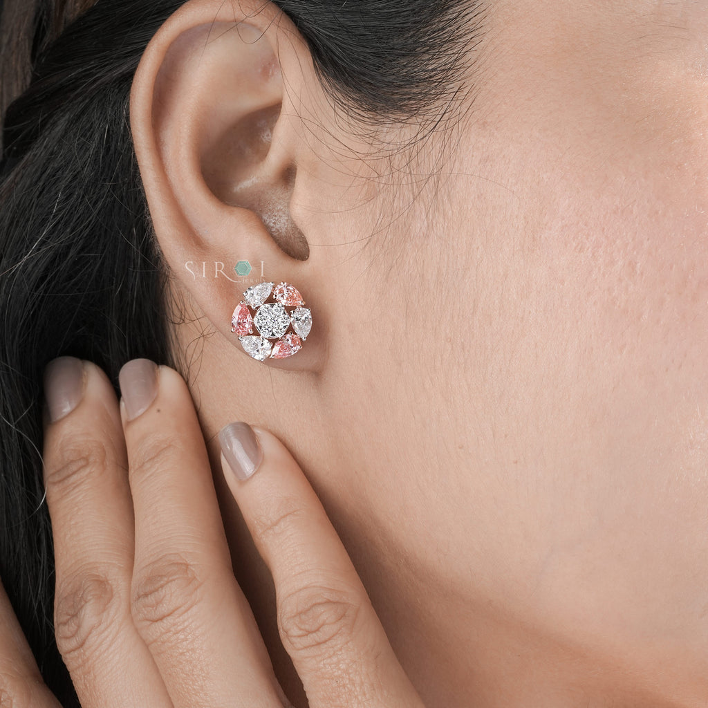Fancy Pink & White Diamond Floral Cluster Studs.