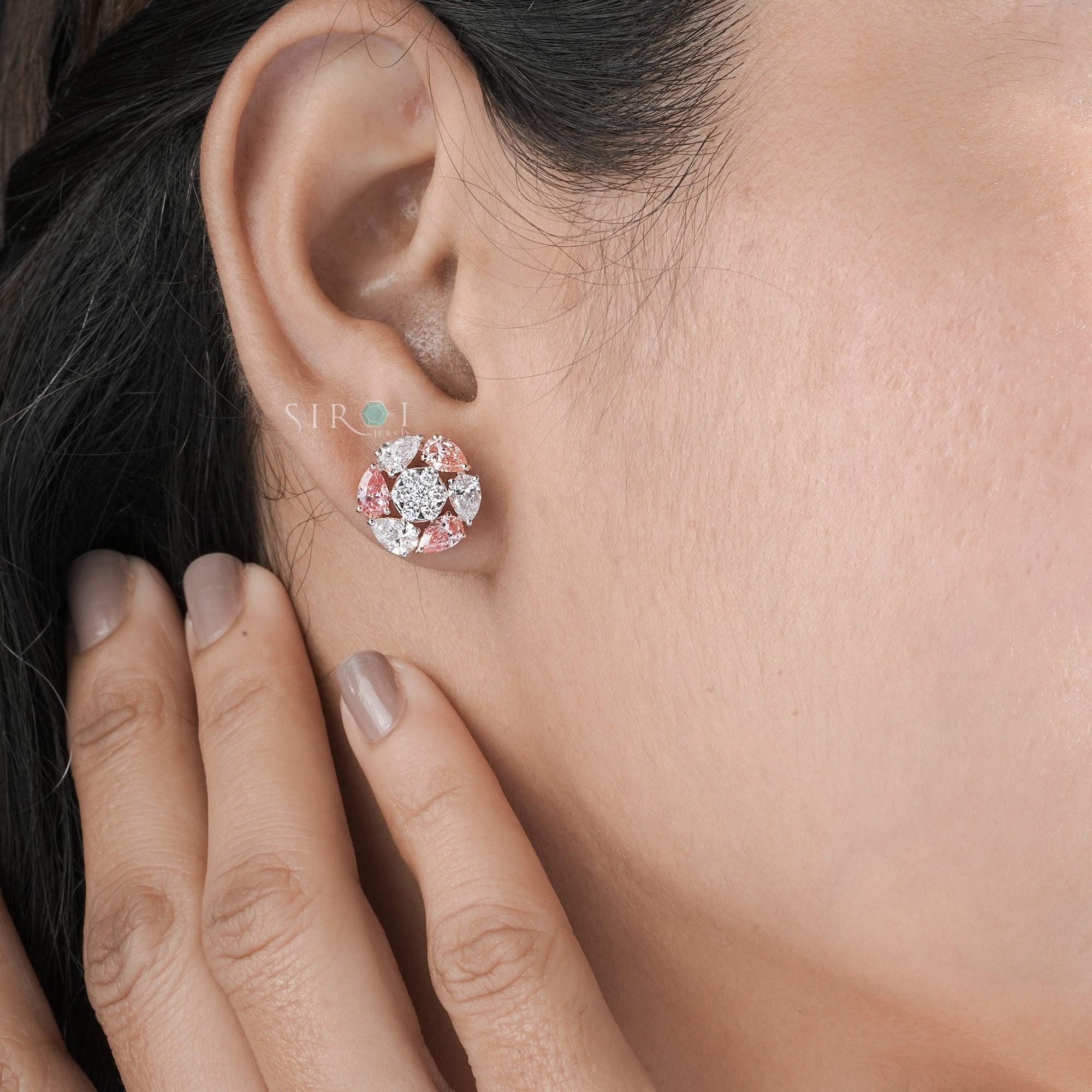 Fancy Pink & White Diamond Floral Cluster Studs.