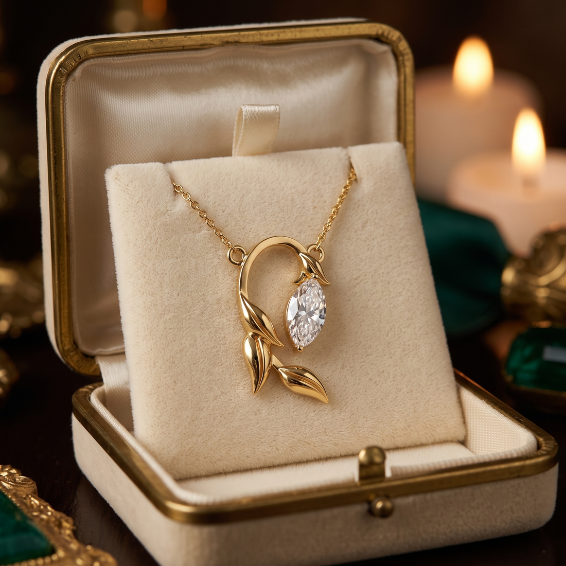14K Gold Marquise Diamond Leaf Pendant Necklace, Floral Botanical Charm