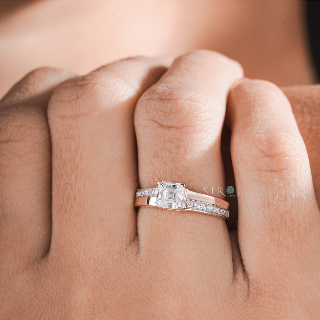 Rose Gold emerald Diamond Ring with Shoulder Pave