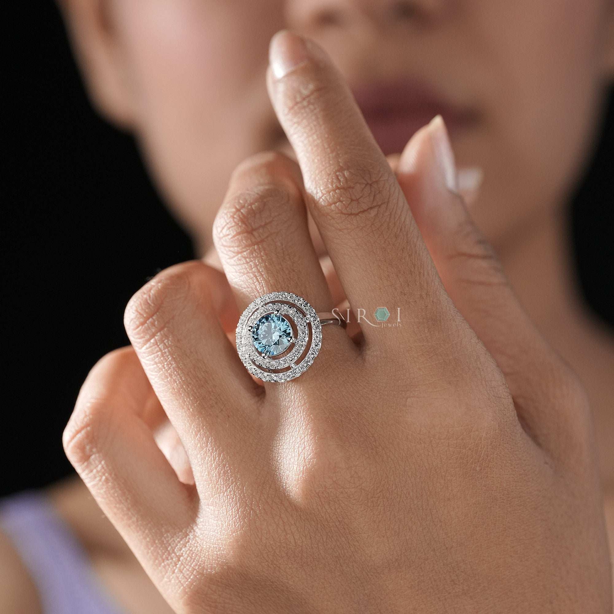 Round Cut Aqua Center Stone Ring with Pave Setting