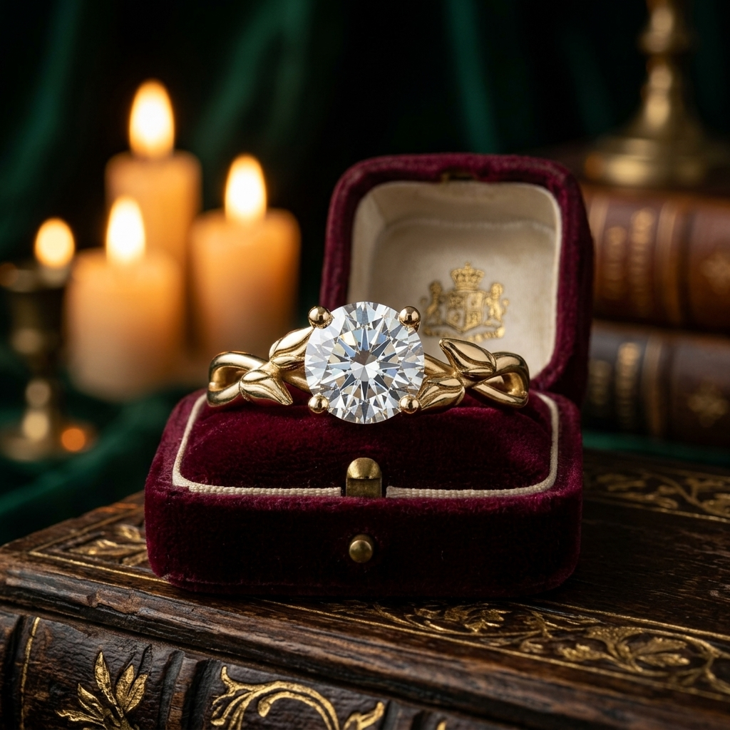 Handcrafted Leaf Vine Engagement Ring, Round Center Stone, Gold or Silver