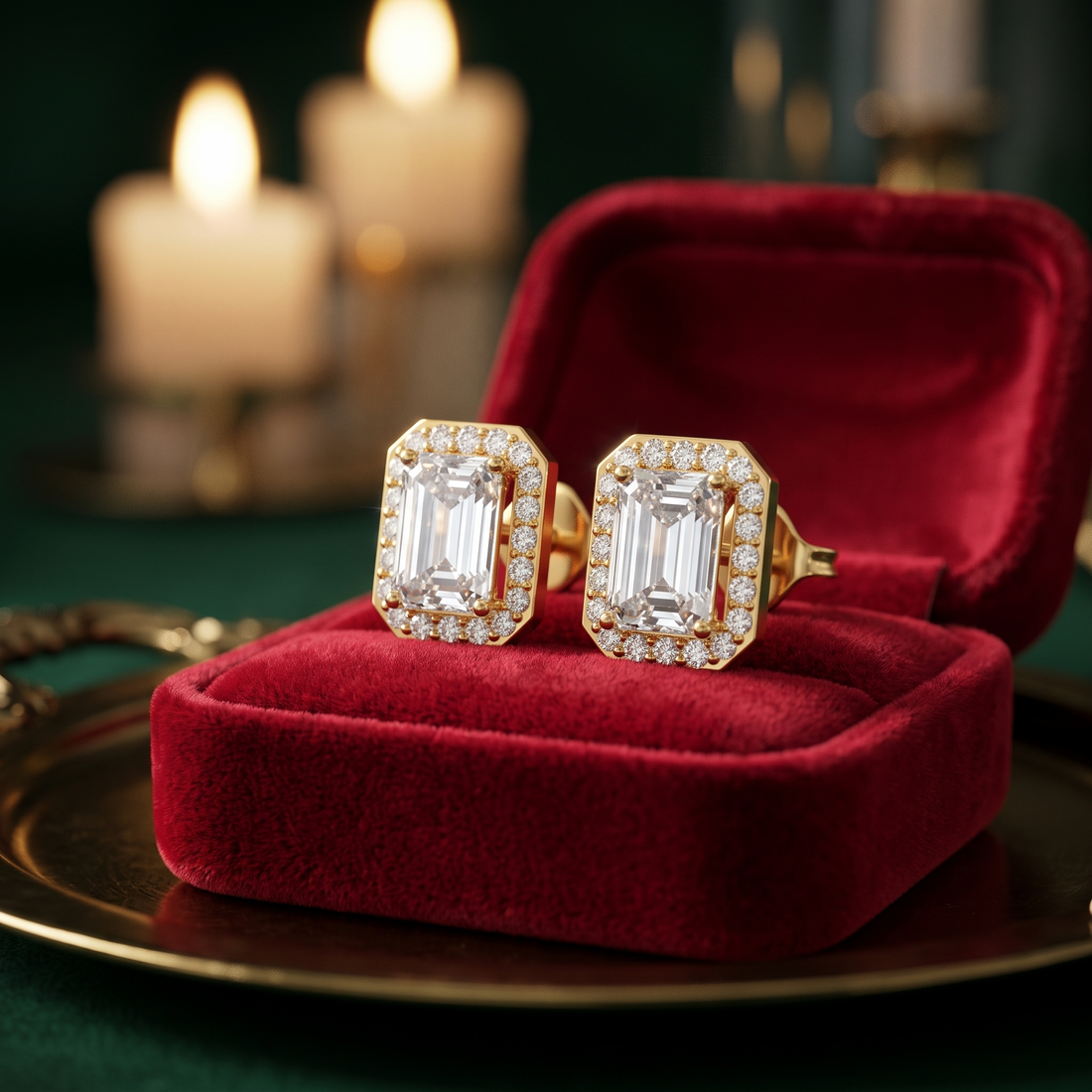 Emerald Cut Diamond Halo Stud Earrings in 9K/14K Gold, Gift for Her