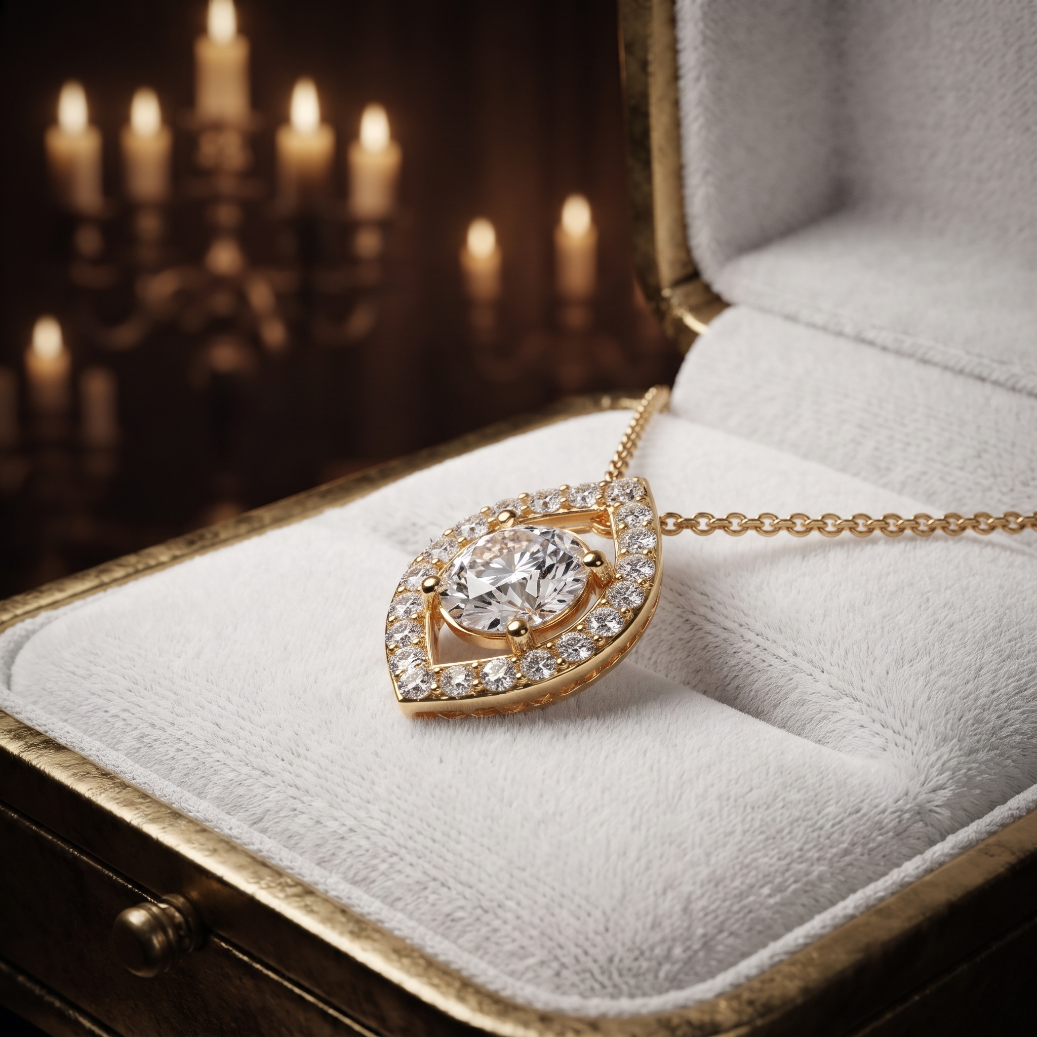 Marquise Halo Diamond Pendant Necklace, Evil Eye Protection, Dainty Gold Solitaire Jewelry