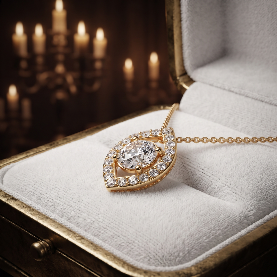 Marquise Halo Diamond Pendant Necklace, Evil Eye Protection, Dainty Gold Solitaire Jewelry
