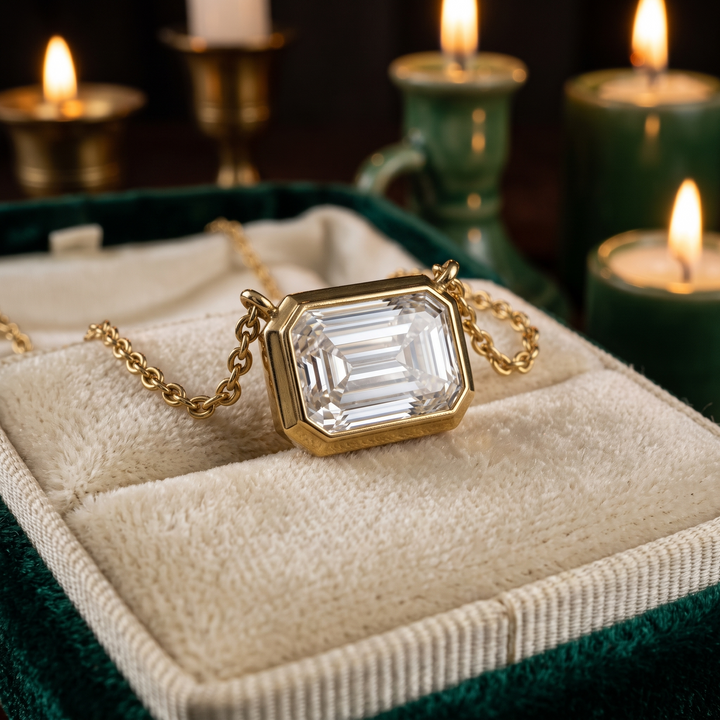 Emerald Cut Lab Grown Diamond Pendant, Bezel Set Necklace, Minimalist Gold Chain