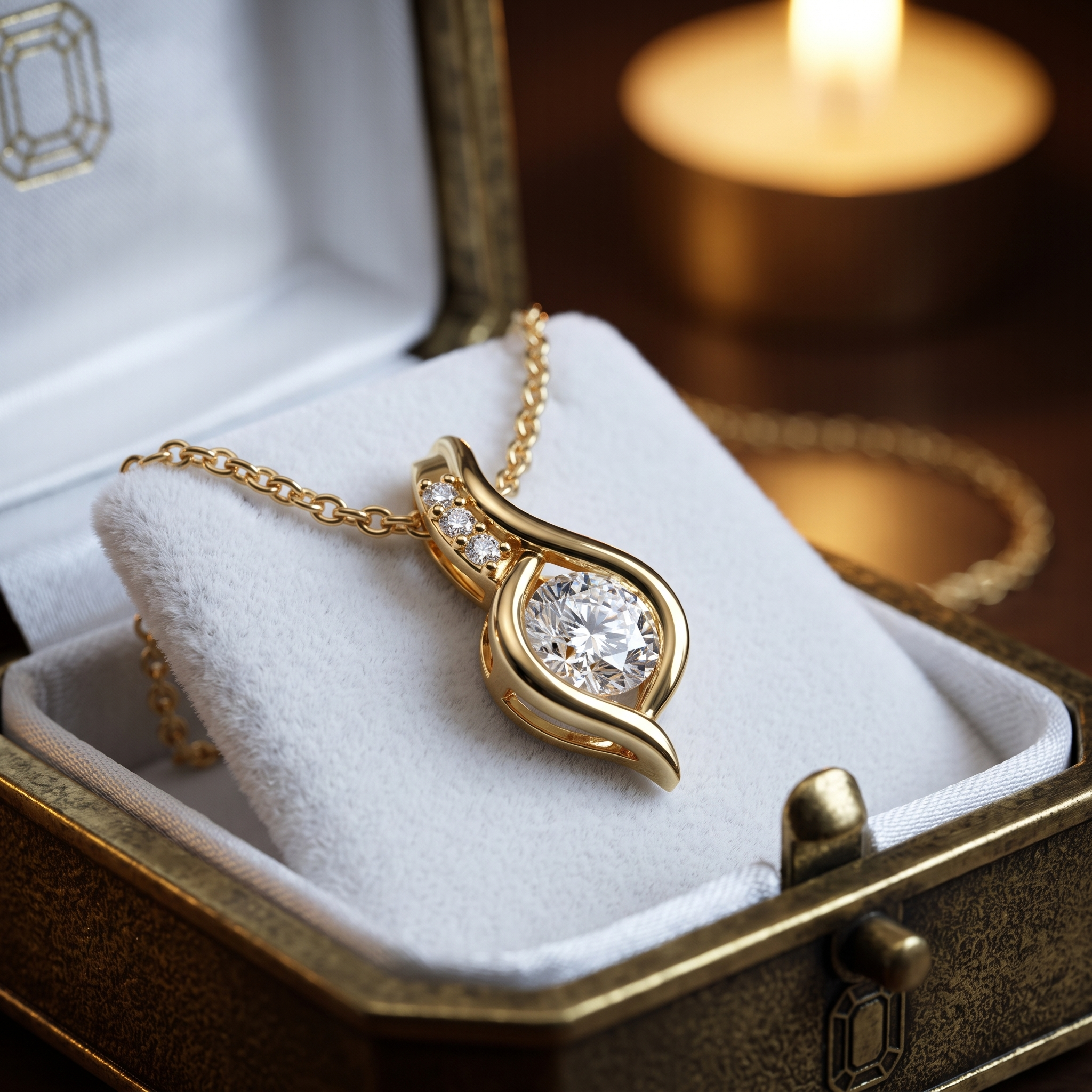 14K Gold Swirl Diamond Pendant Necklace, Teardrop Solitaire, Modern Twist Design