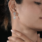 Emerald Cut and Pear Shape Diamond Halo Drop Earrings