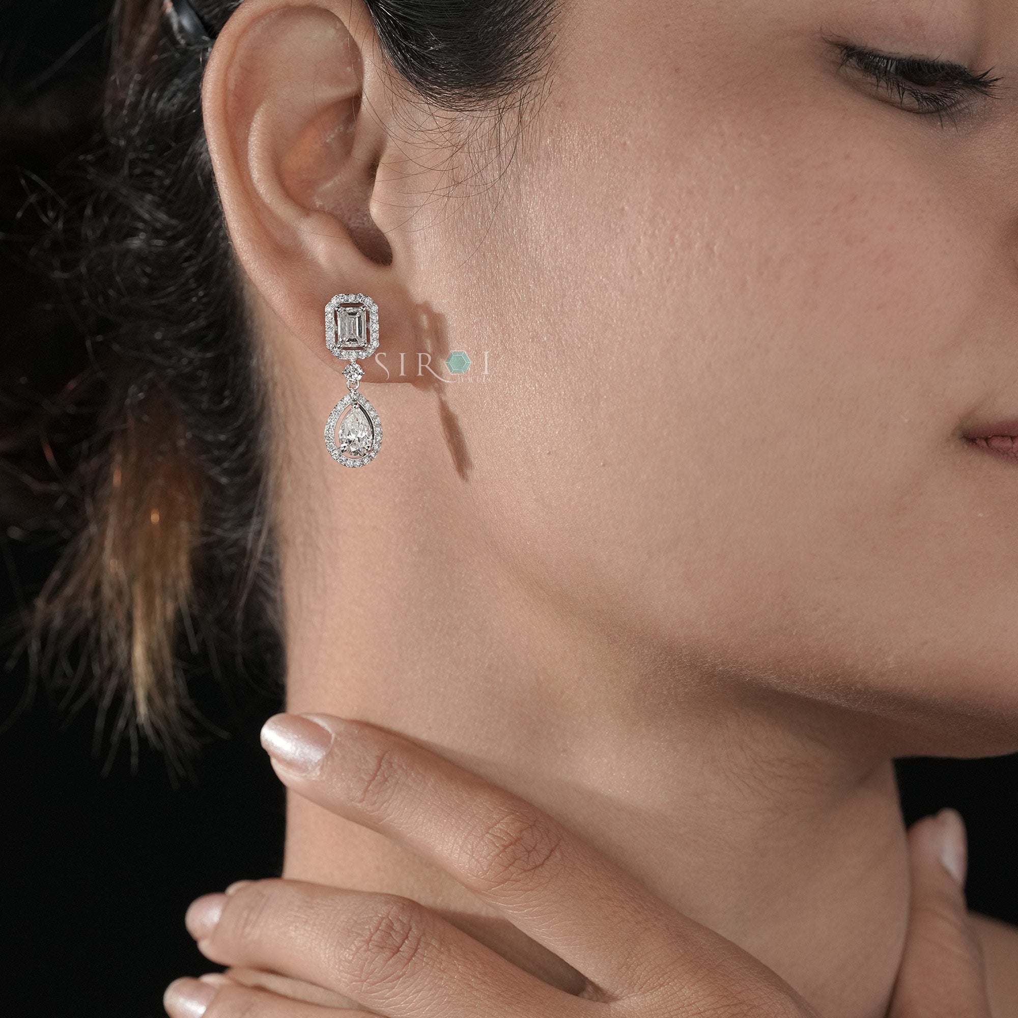 Emerald Cut and Pear Shape Diamond Halo Drop Earrings