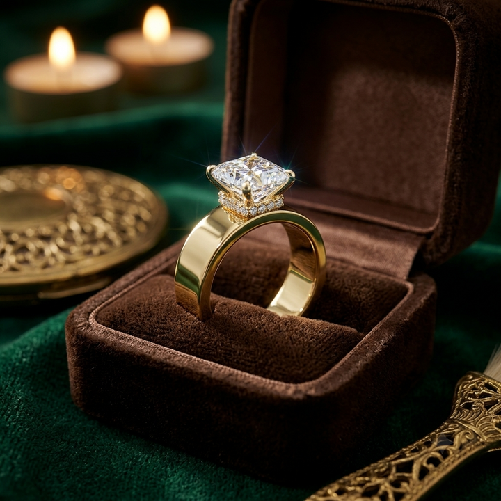 Wide Band Princess Cut Engagement Ring | Hidden Halo, Solid Gold Statement Piece