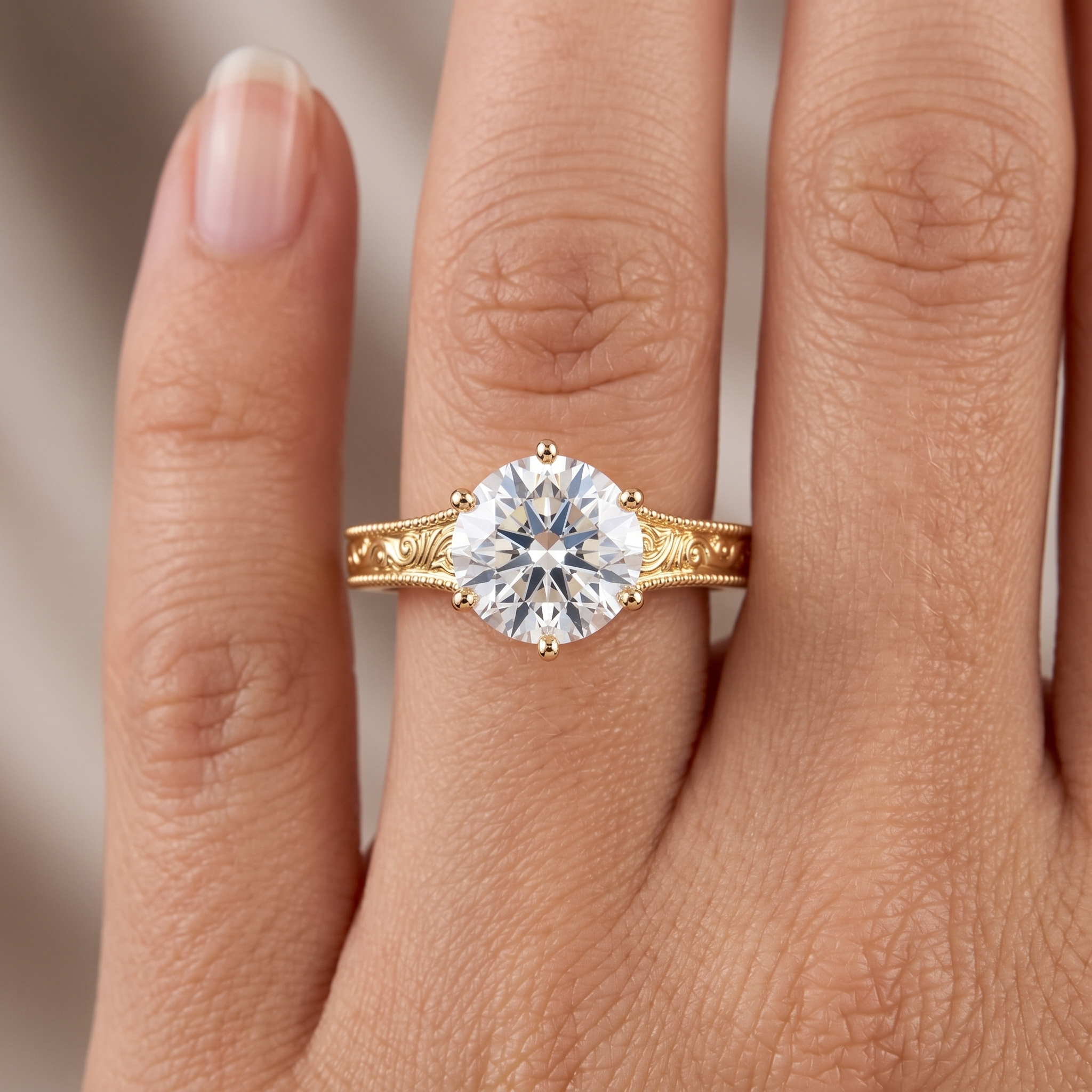 Vintage Art Deco Yellow Gold Engagement Ring, Round Lab Grown Diamond, Milgrain Scroll Design