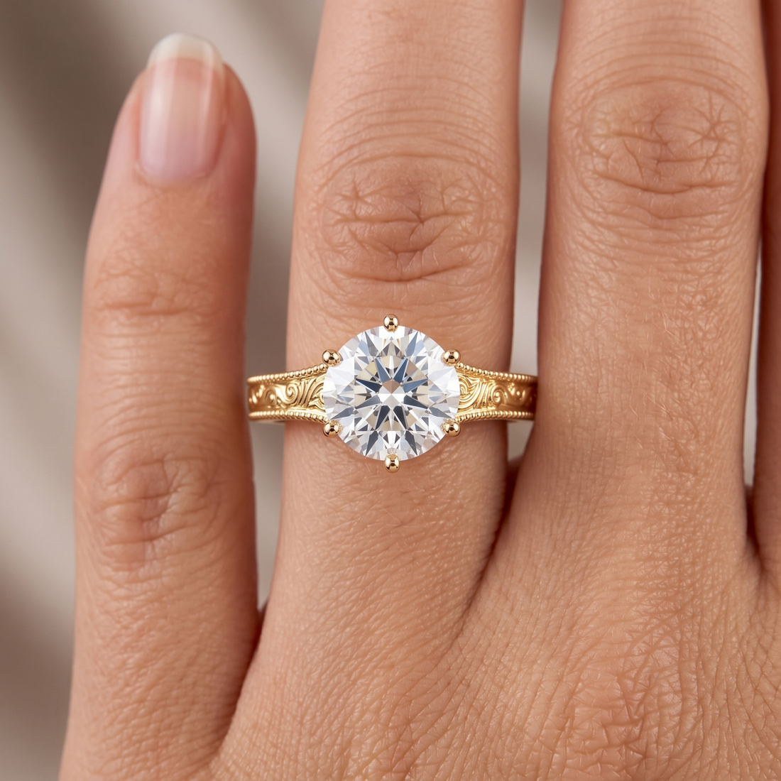 Vintage Art Deco Yellow Gold Engagement Ring, Round Lab Grown Diamond, Milgrain Scroll Design
