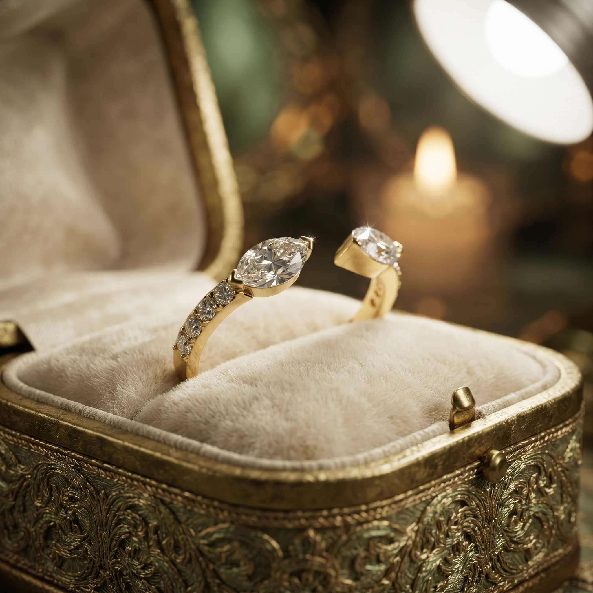 Marquise Cut Toi Et Moi Ring, Open Gap Diamond, Minimalist Gold Band