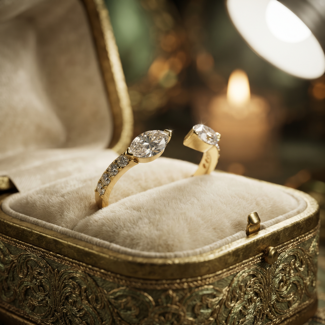 Marquise Cut Toi Et Moi Ring, Open Gap Diamond, Minimalist Gold Band