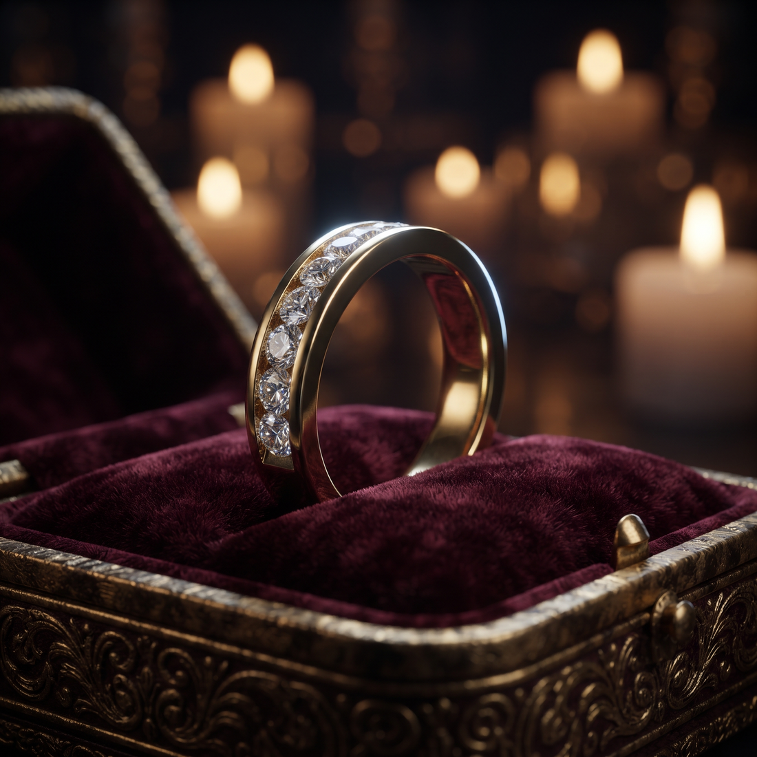 Diamond Channel Set Wedding Band: 9K To 18K Gold Round Diamond Stackable Ring