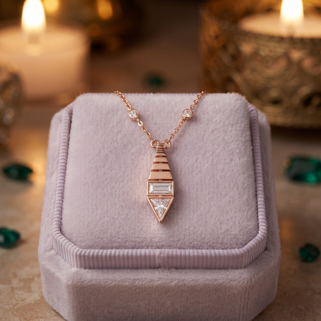 Art Deco Diamond Pendant Necklace, Baguette & Trillion Cut, Minimalist Gold Statement Jewelry