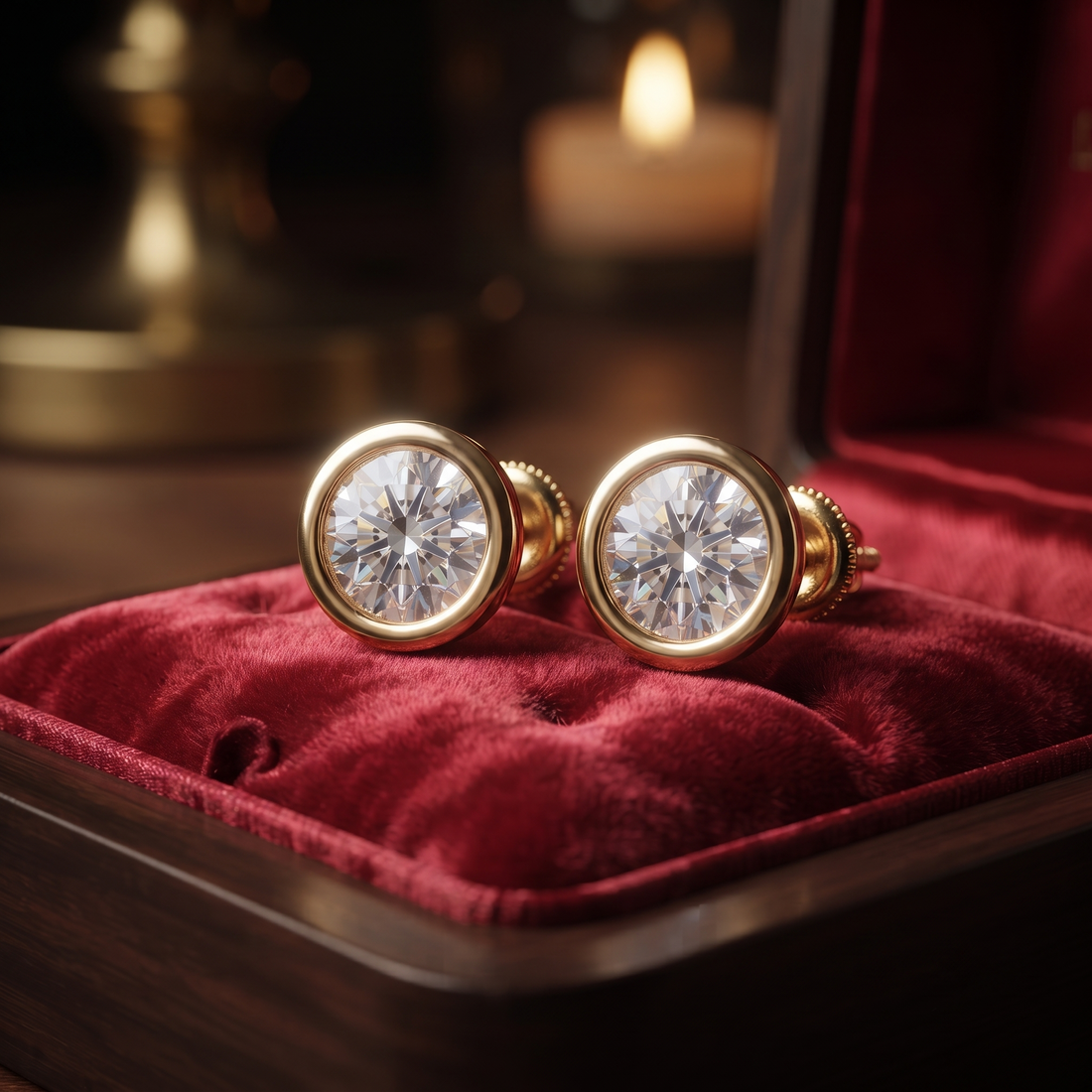 Bezel Set Solitaire Diamond Stud Earrings in 9K To 18K Gold, Or Silver