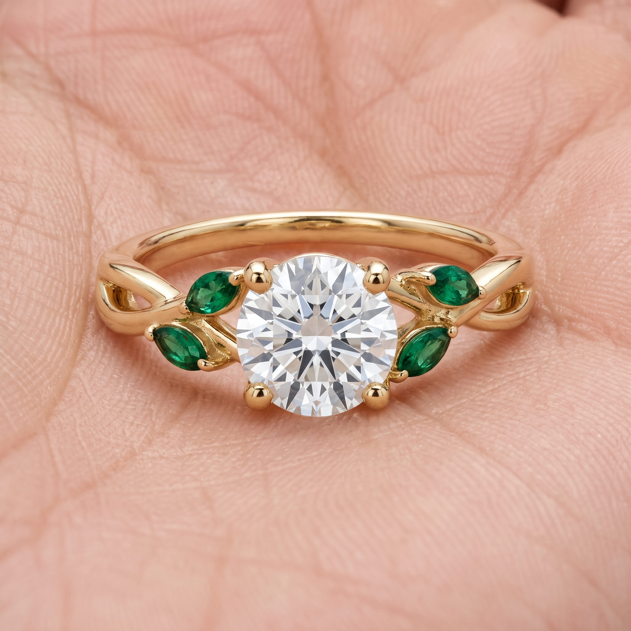 14K Yellow Gold Leaf Engagement Ring with Marquise Emeralds – Nature Floral Cluster Ring