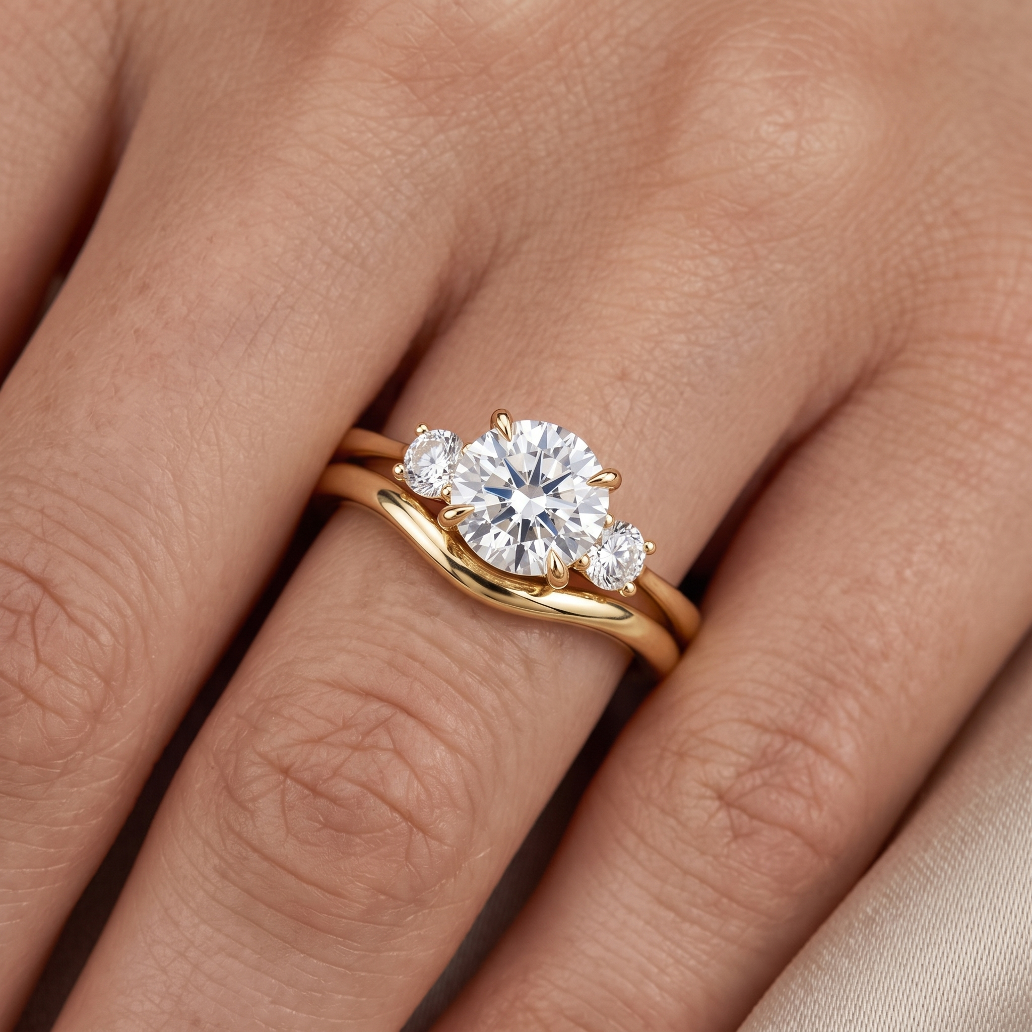 3 Stone Round Diamond Engagement Ring, Curved Matching Band, Minimalist Yellow Gold Bridal Set