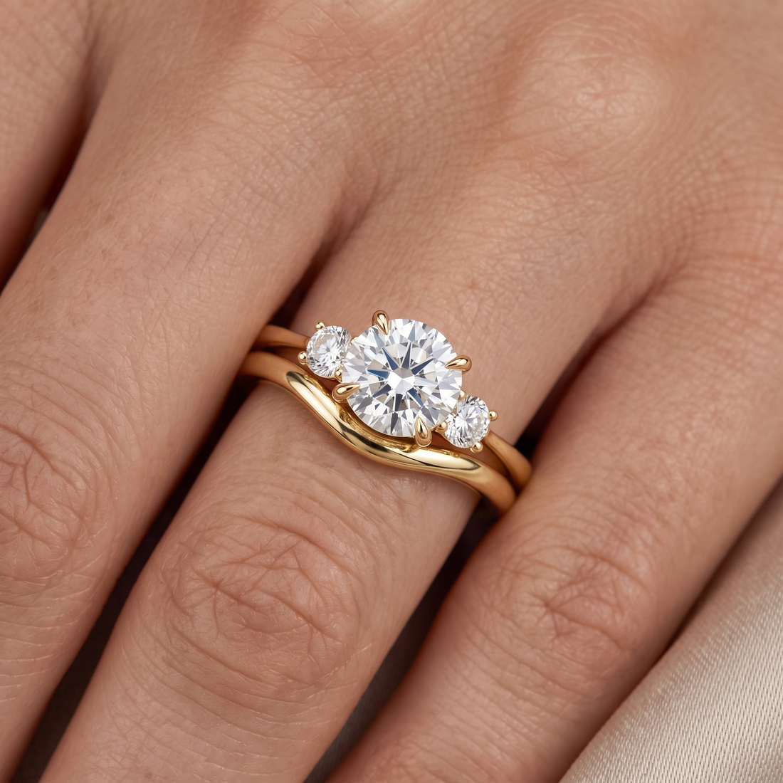 3 Stone Round Diamond Engagement Ring, Curved Matching Band, Minimalist Yellow Gold Bridal Set