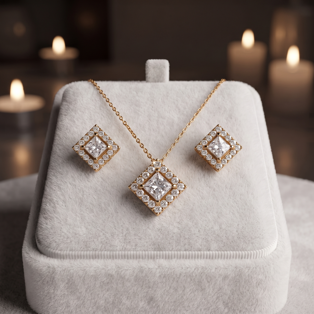 Princess Cut Diamond Halo Necklace Set, Square Pendant Earrings, Bridal Jewelry Gift