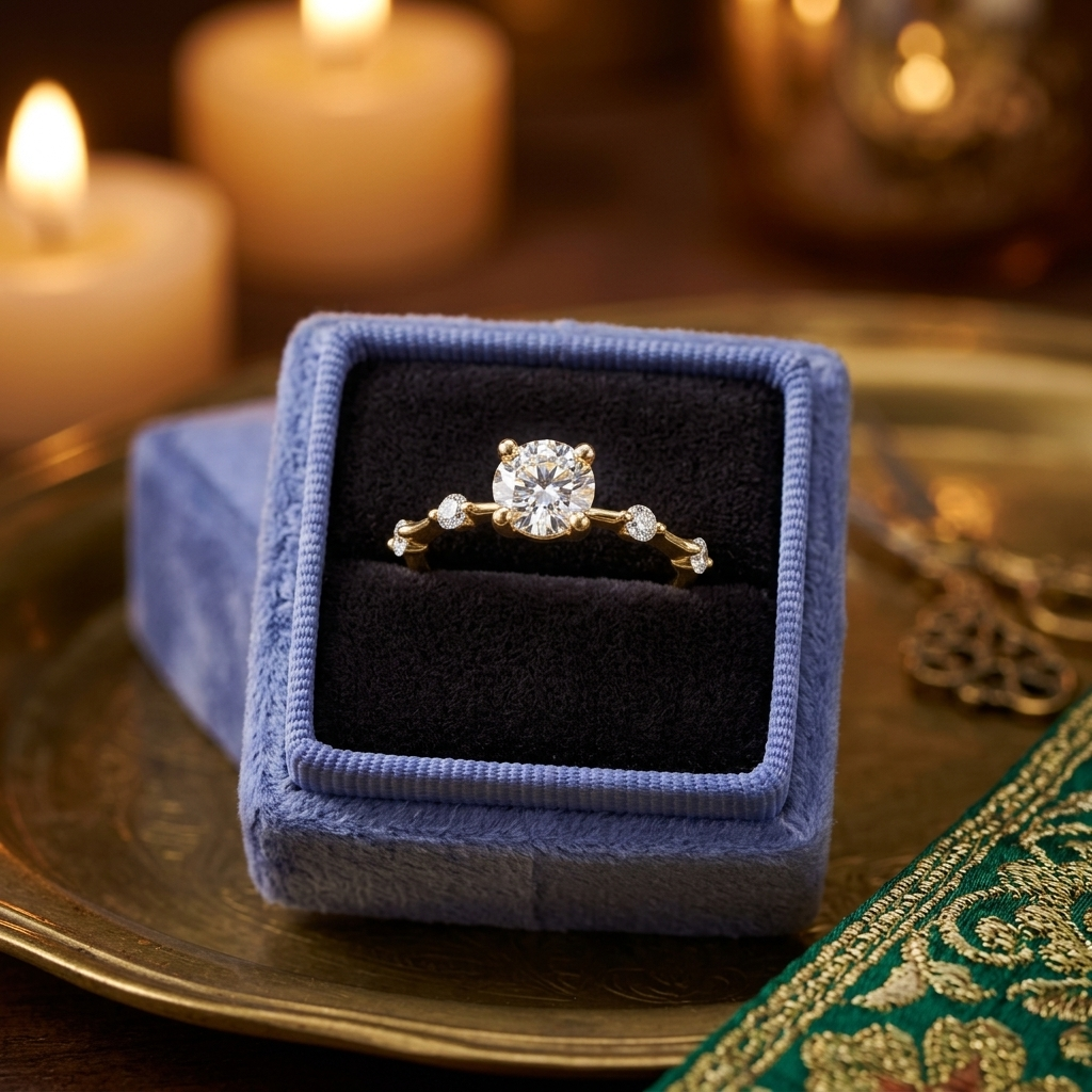 Round Engagement Ring, Solid Gold Cluster Branch Bridal Jewelry