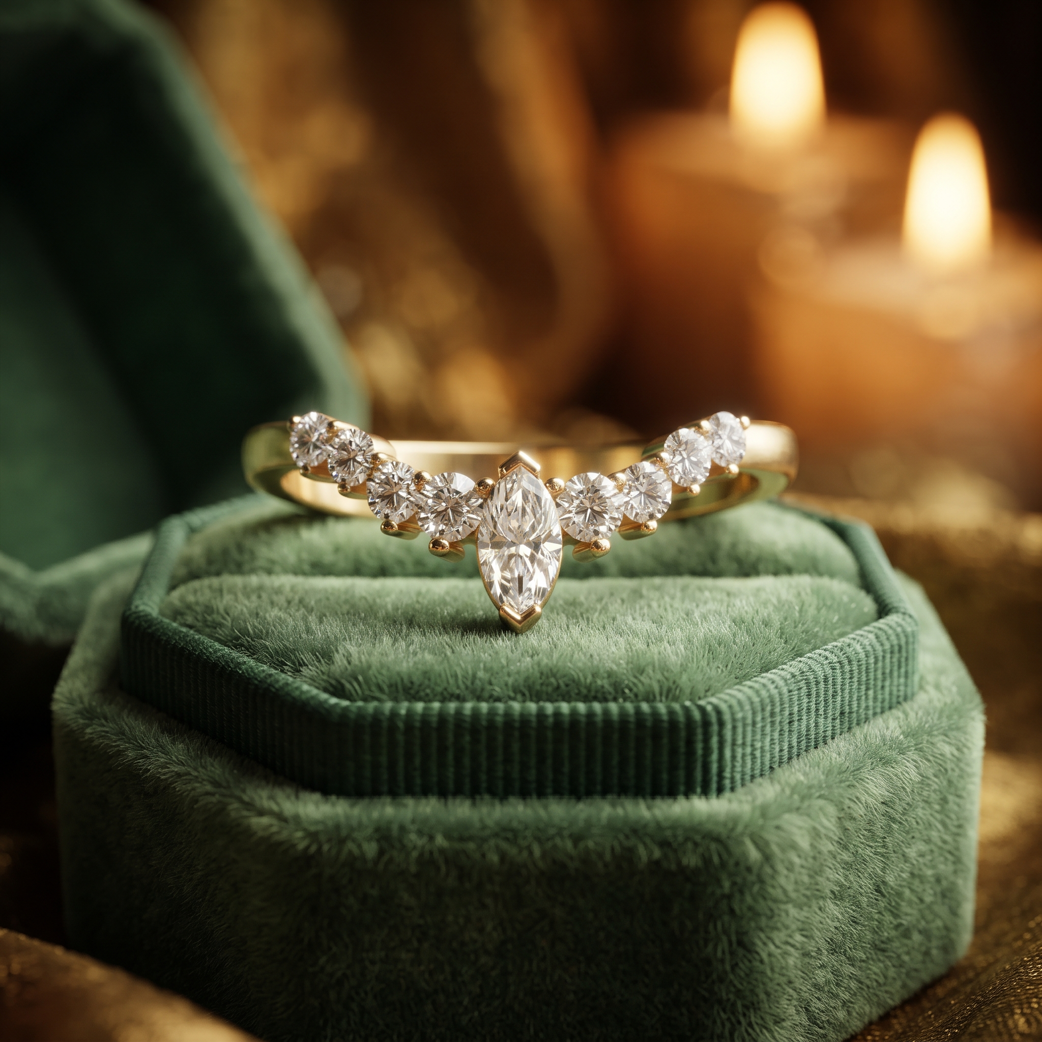 Elegant Marquise & Round Cut Curved Chevron Band In 10K/14K Gold And Sterling Silver