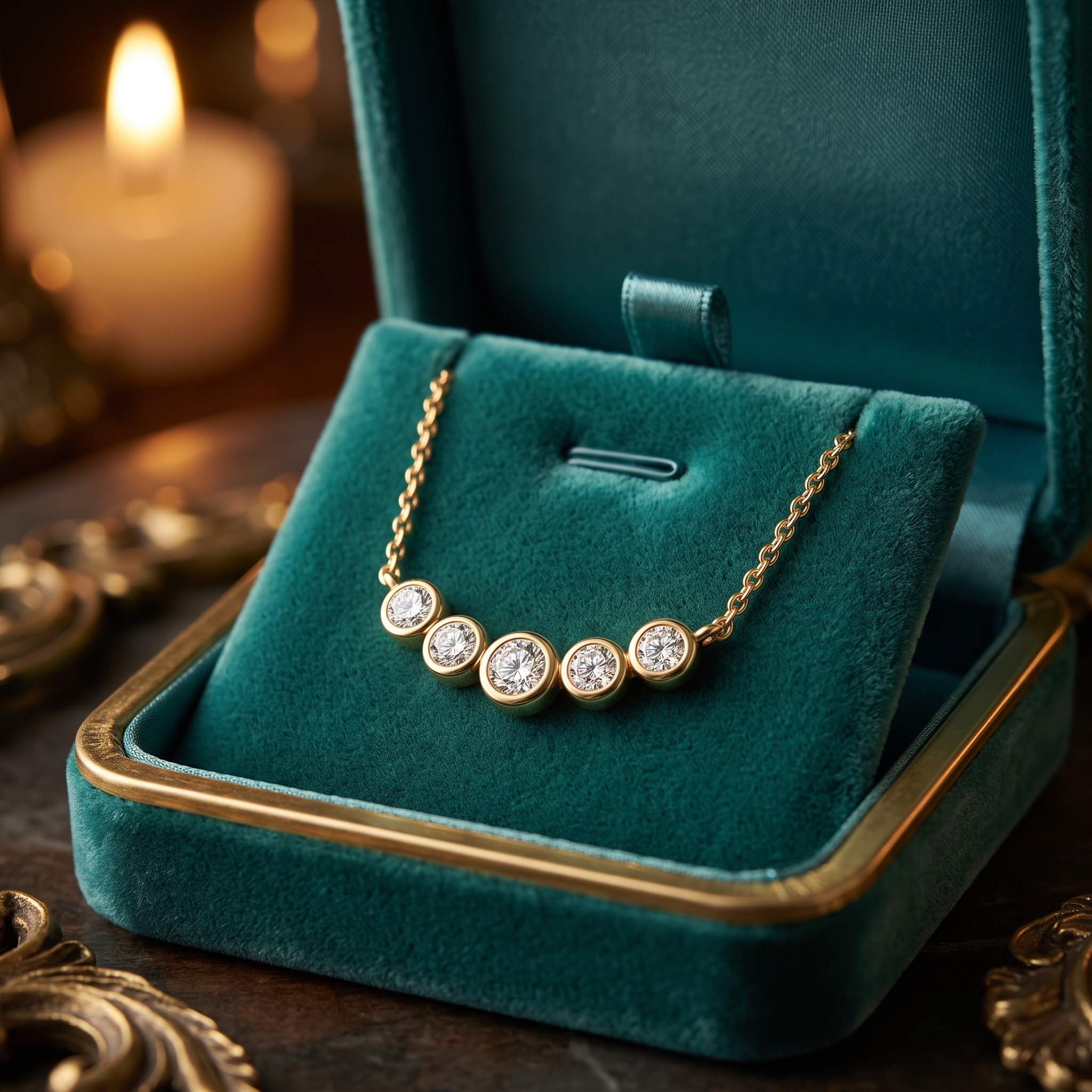 5-Stone Bezel Set Diamond Bar Necklace, Graduated Round Cut Pendant, Minimalist Gold Jewelry