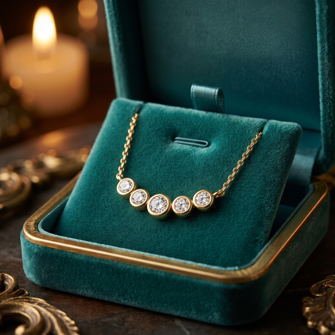 5-Stone Bezel Set Diamond Bar Necklace, Graduated Round Cut Pendant, Minimalist Gold Jewelry