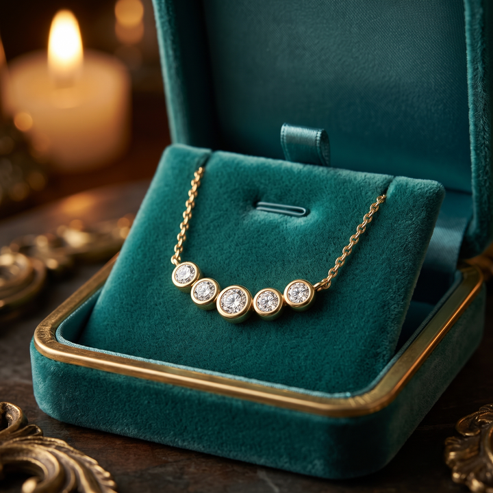 5-Stone Bezel Set Diamond Bar Necklace, Graduated Round Cut Pendant, Minimalist Gold Jewelry