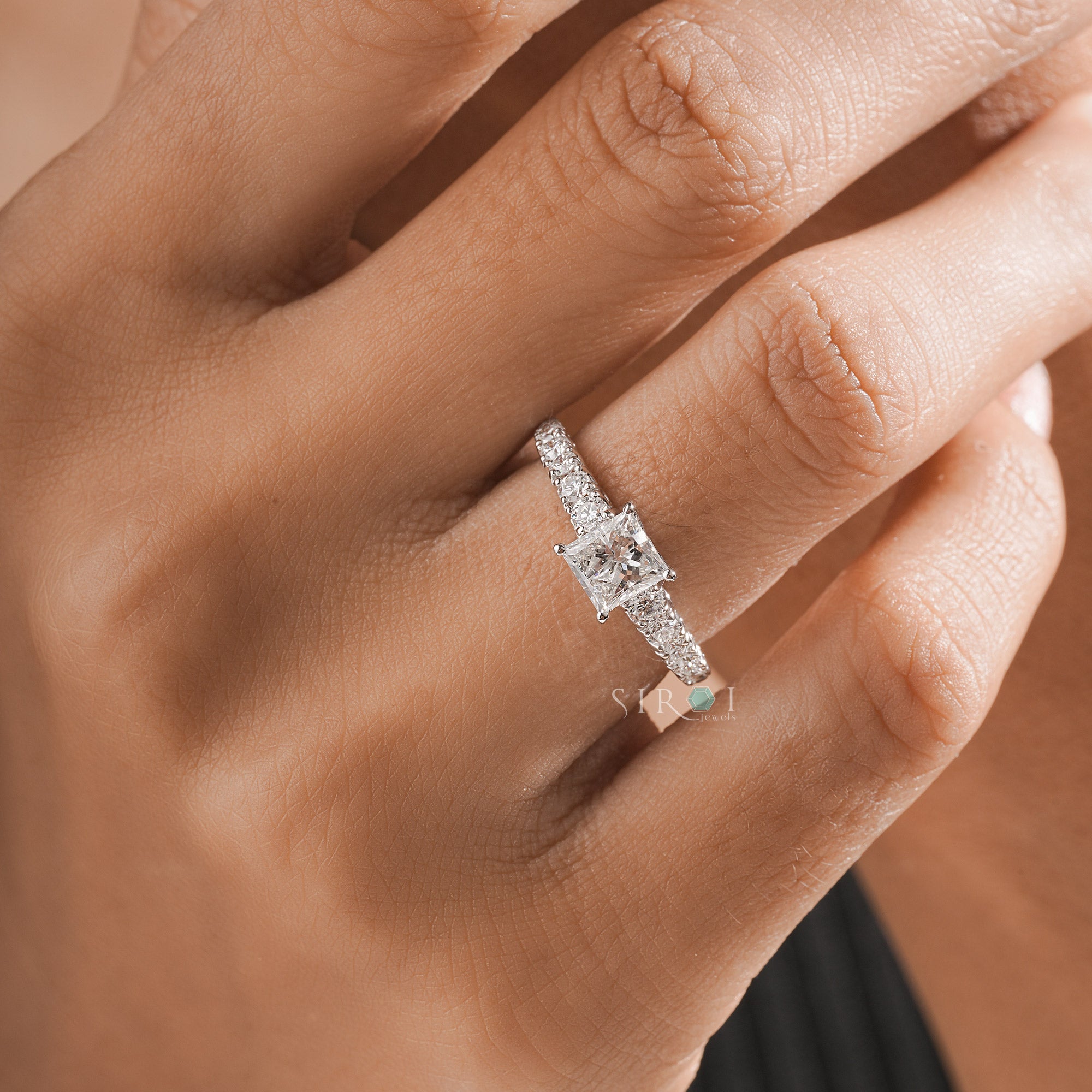 Princess-Cut Diamond Engagement Ring with Pave-Set Band