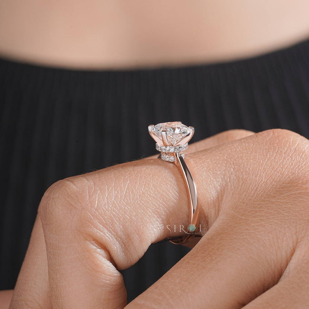 Cushion Cut Diamond Engagement Ring in Rose Gold with Hidden Halo